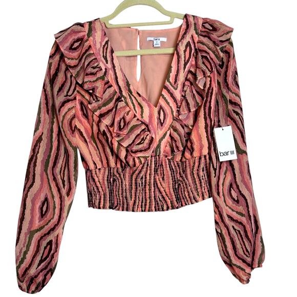 *NWT* BAR III V-Neck Bell Sleeve Ruched Waist Blouse, Pink & Brown. Size: M - Picture 1 of 9